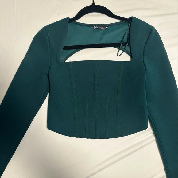 Zara Green Long Sleeve Cutout Back Square Neck Bustier Corset Crop Top - Picture 3 of 5
